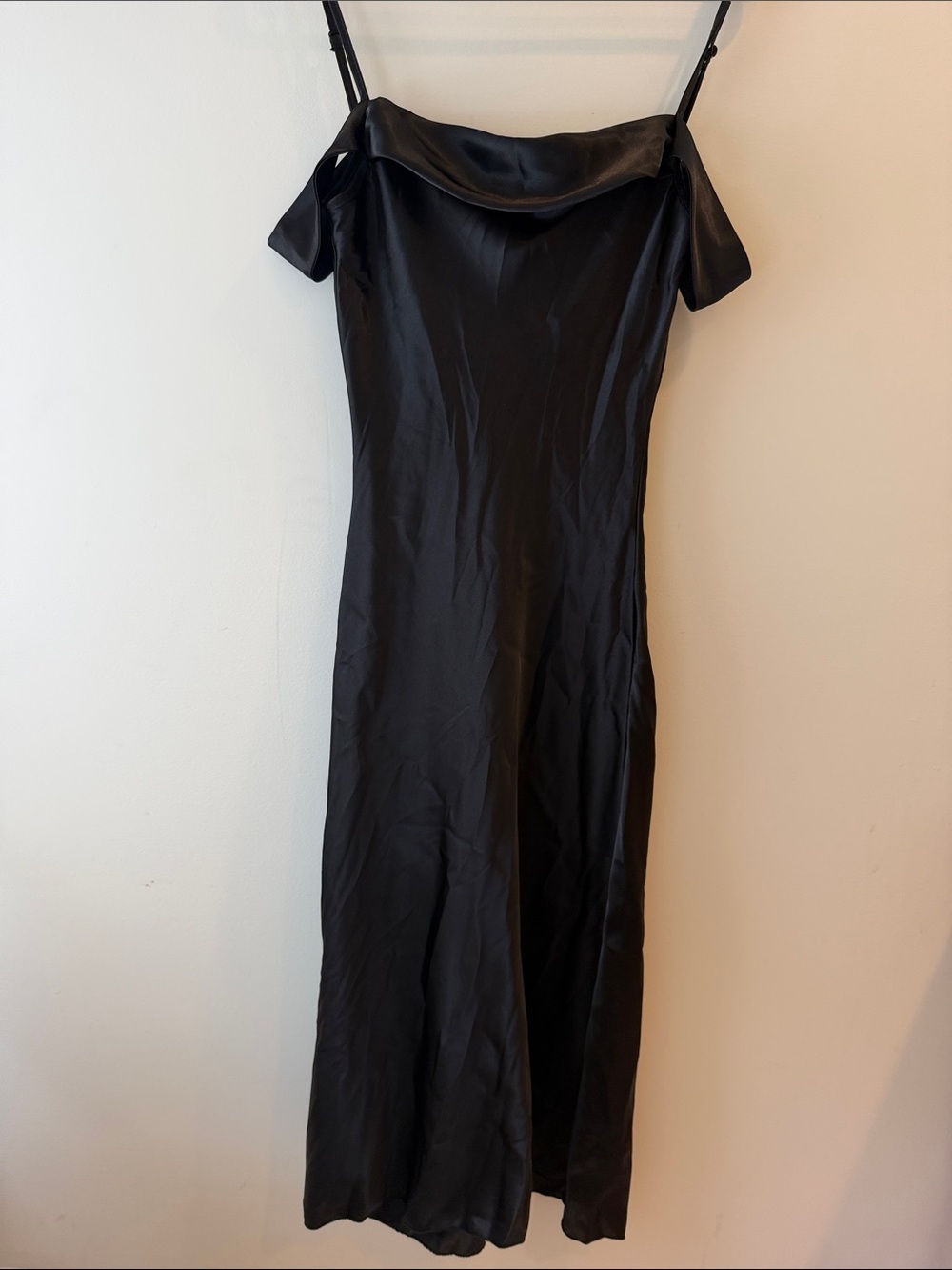 bebe Black Satin One-Shoulder Slip Gown